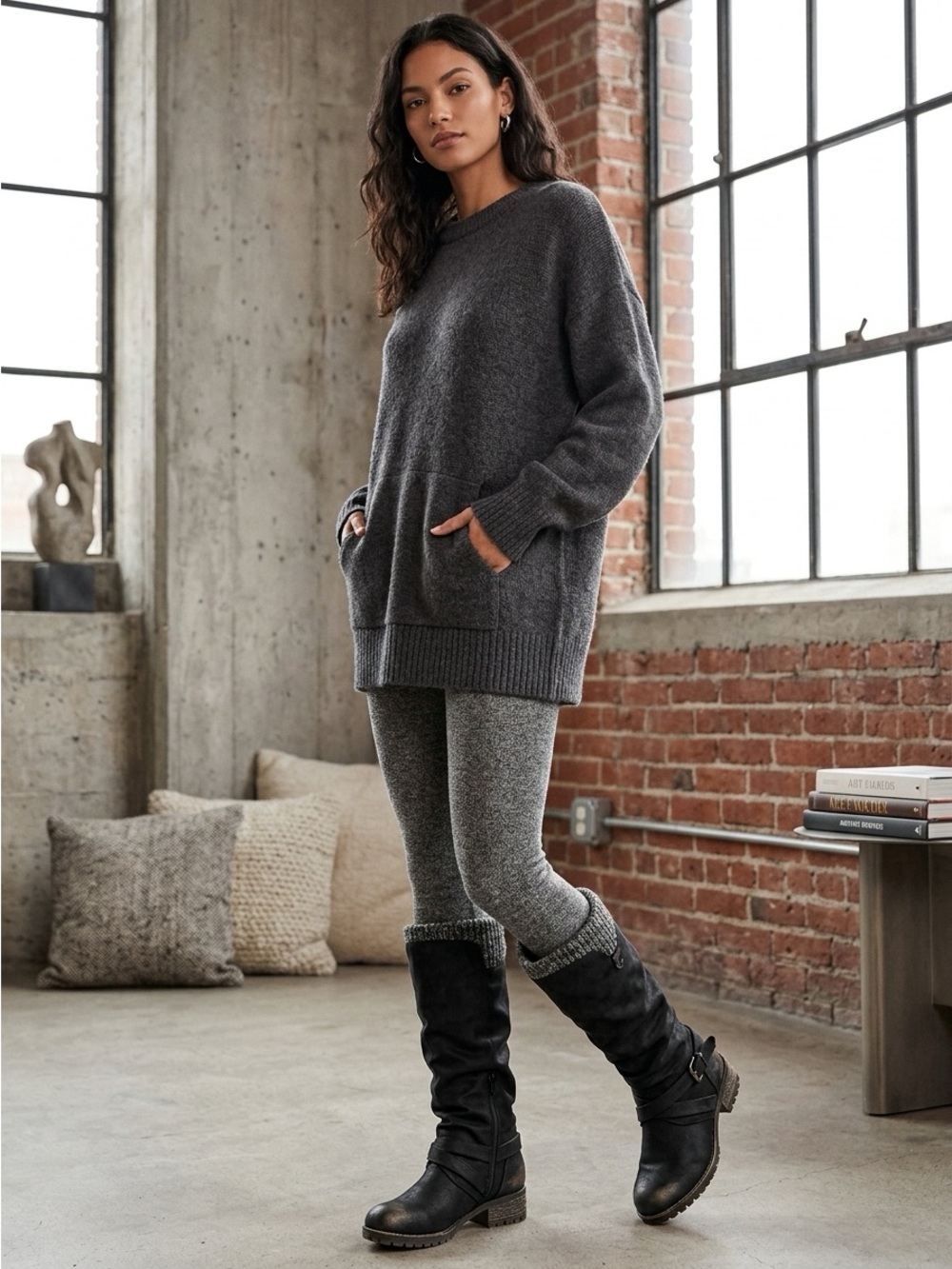 Mara A. By Xappeal Chelsey Tall Black Boots Gray Knit Sweater Cuff Size 9.5 NIB